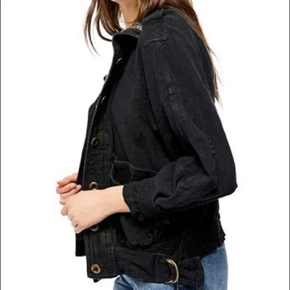 Free People Jayde Linen Bomber Jacket Black Small
