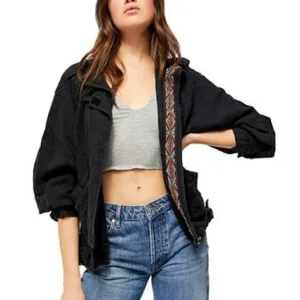 Free People Jayde Linen Bomber Jacket Black Small
