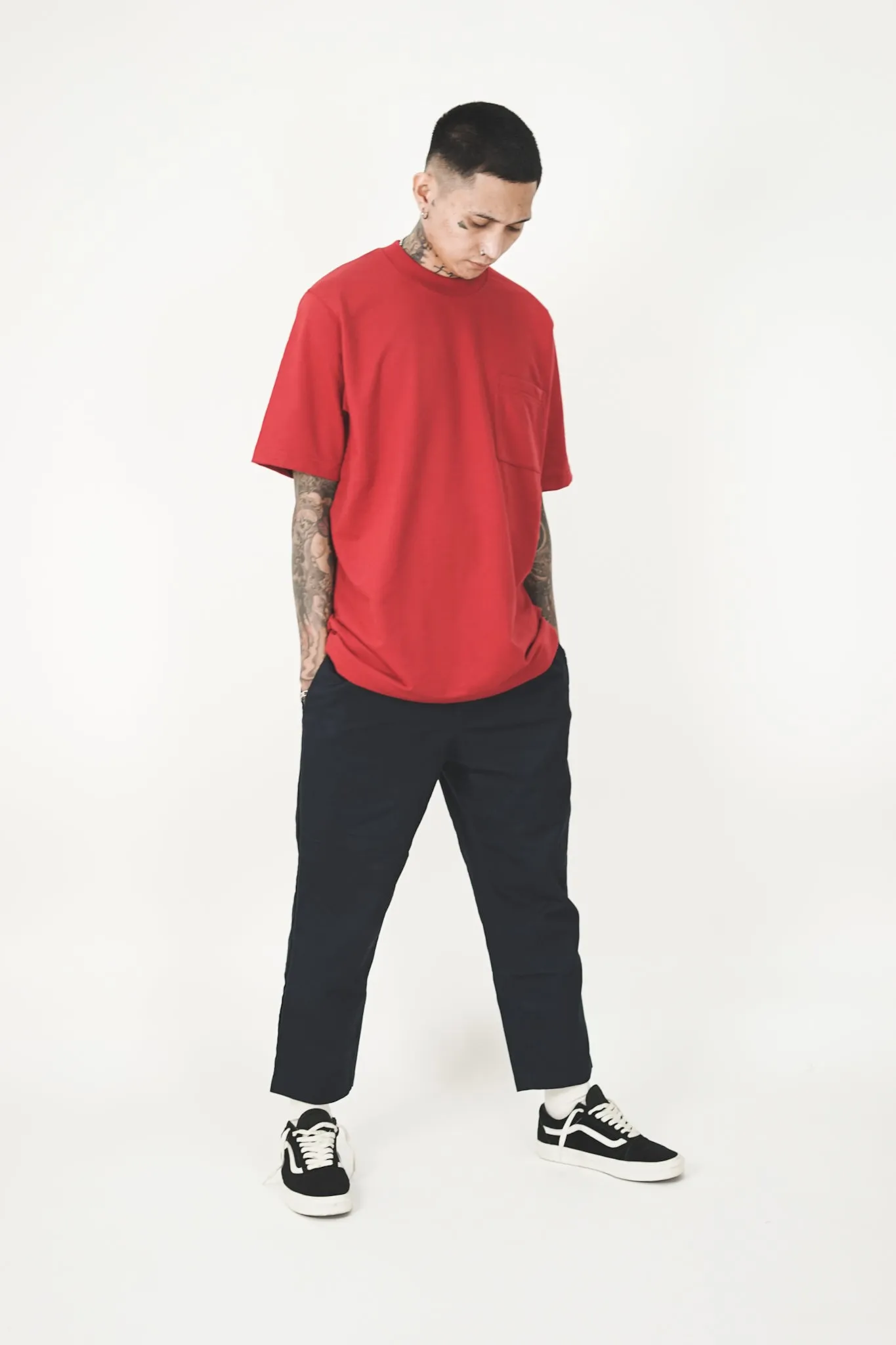 FRENCH TERRY FADED RED POCKET OVERSIZED TEE