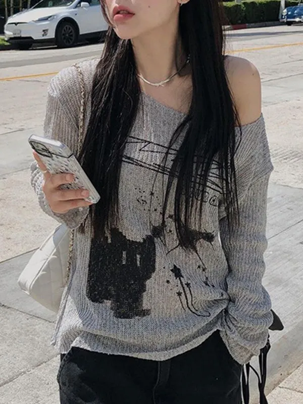 Grey Y2k Cat Off Shoulder Oversized Long Sleeve T-Shirt