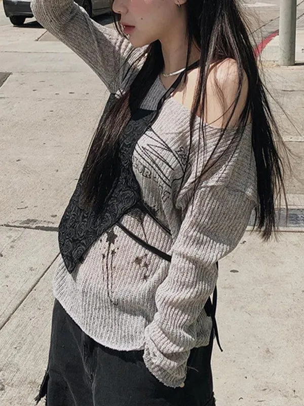 Grey Y2k Cat Off Shoulder Oversized Long Sleeve T-Shirt