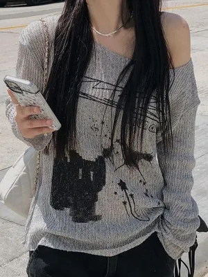 Grey Y2k Cat Off Shoulder Oversized Long Sleeve T-Shirt