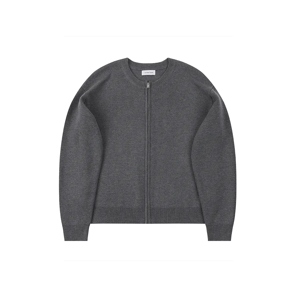 Grey Zip-Up Wool Knit Cardigan