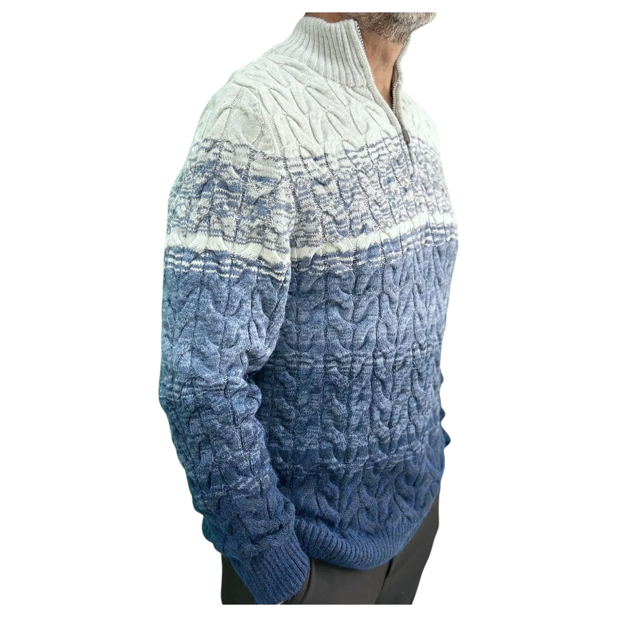 Gunky Winter Crew Neck Sweater- 100% Wool -  Navy Blue  Combined with Light to Blue to Light Gray
