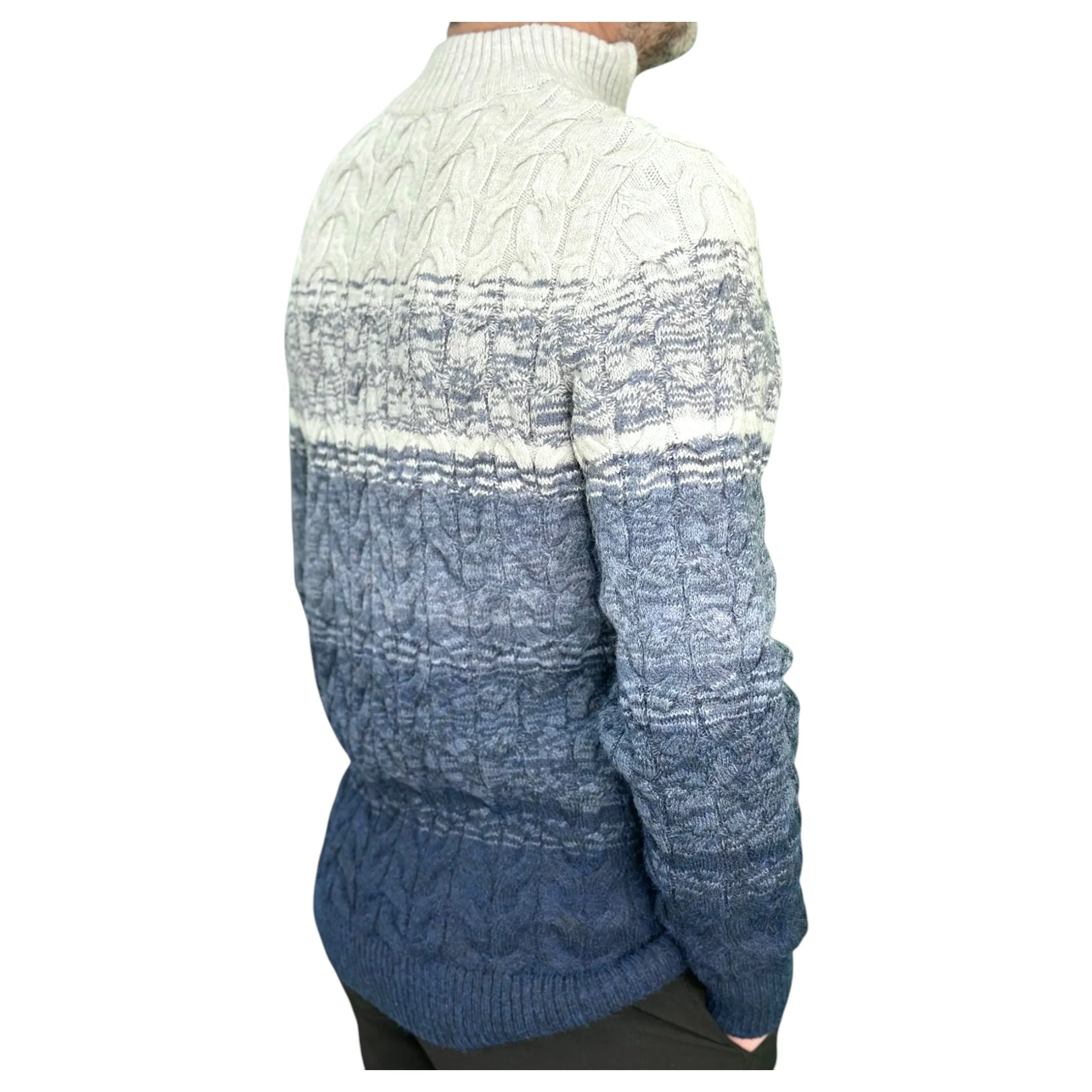Gunky Winter Crew Neck Sweater- 100% Wool -  Navy Blue  Combined with Light to Blue to Light Gray