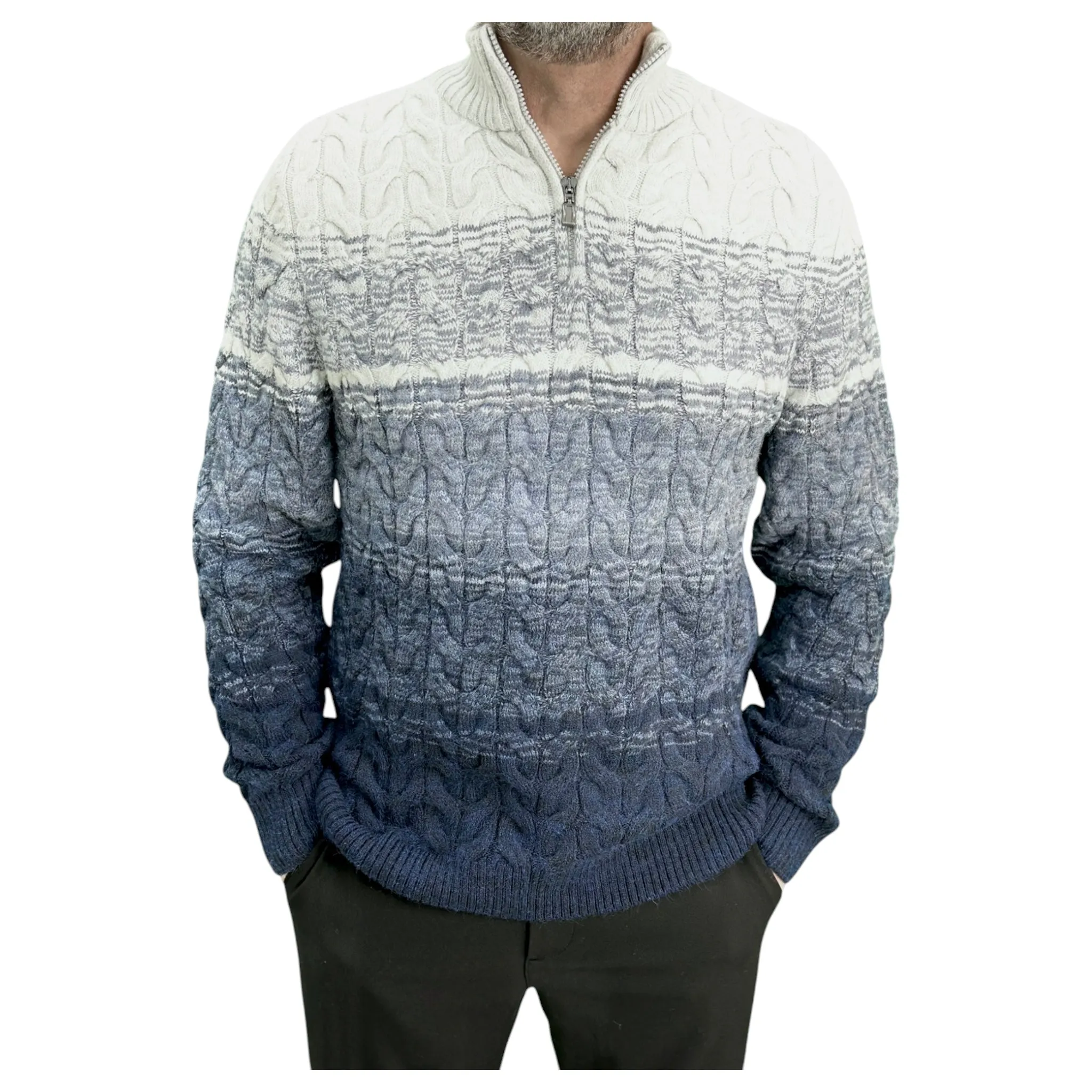 Gunky Winter Crew Neck Sweater- 100% Wool -  Navy Blue  Combined with Light to Blue to Light Gray