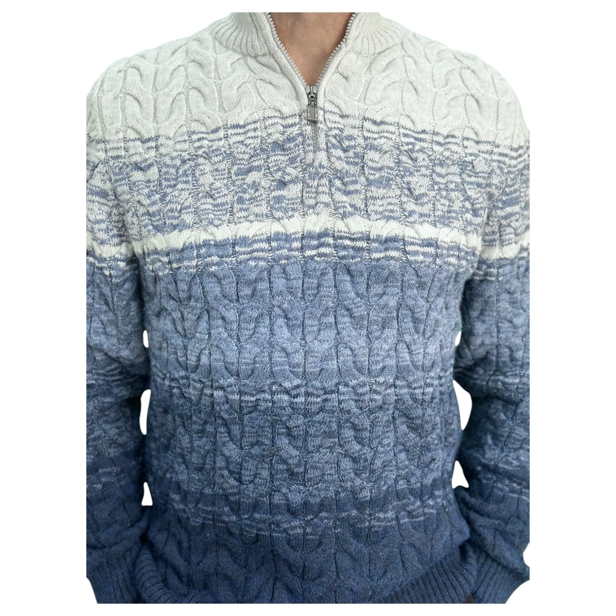 Gunky Winter Crew Neck Sweater- 100% Wool -  Navy Blue  Combined with Light to Blue to Light Gray