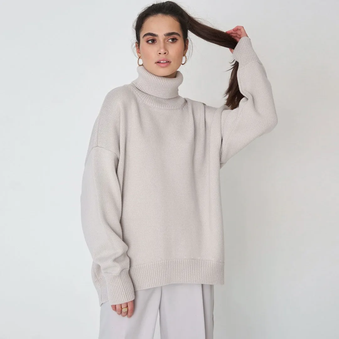 High Low Turtleneck Long Sleeve Sweater - Gray