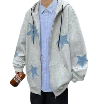 Hopecn Star Hoodie Women Men Y2K Graphic Hoodies Aesthetic Zip Up Jackets Grunge Oversized Sweatshirt Punk Fashion Streetwear Clothes.(Grey3-S)