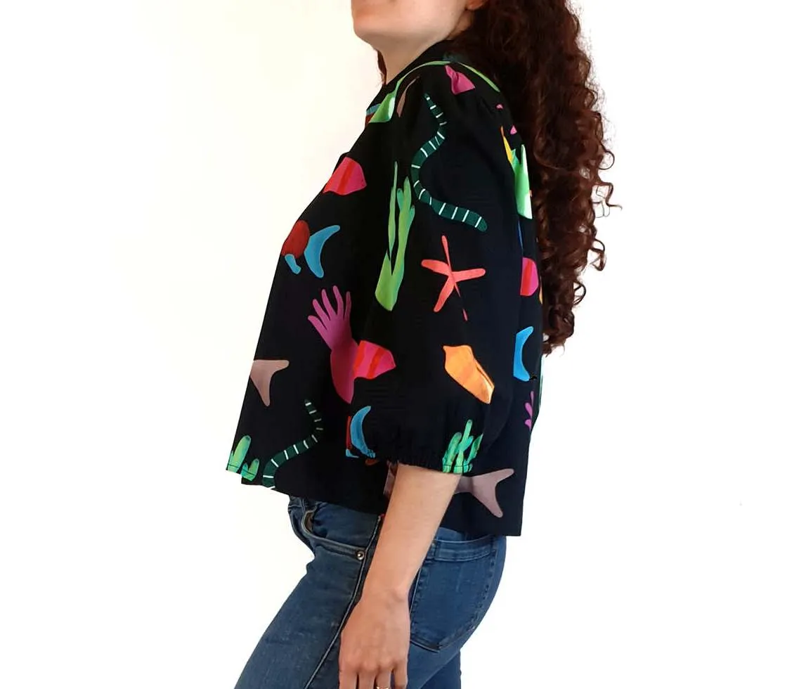 Jericho Road black oversized shirt with colourful sea creature print size 10