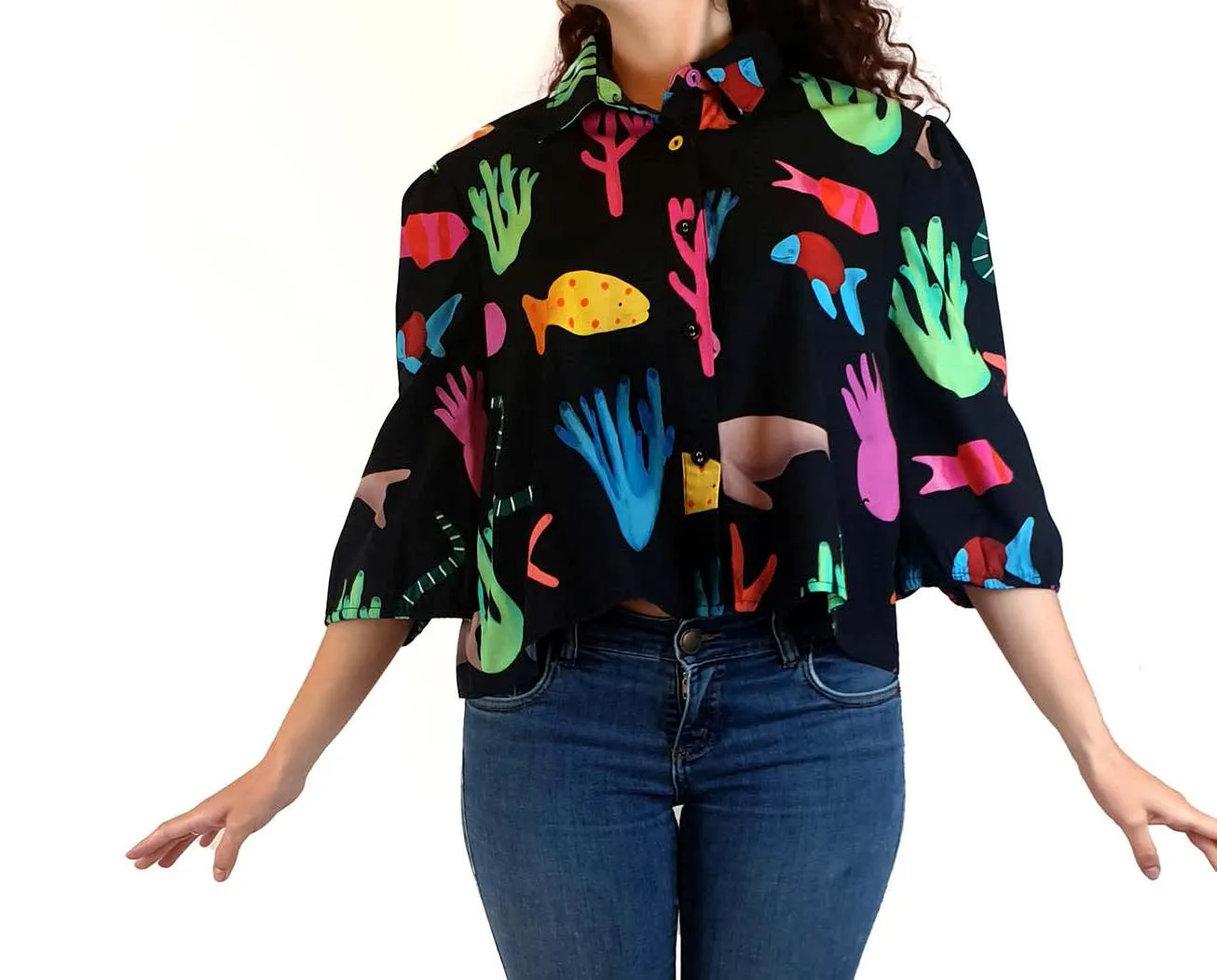 Jericho Road black oversized shirt with colourful sea creature print size 10