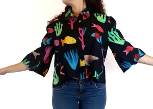 Jericho Road black oversized shirt with colourful sea creature print size 10