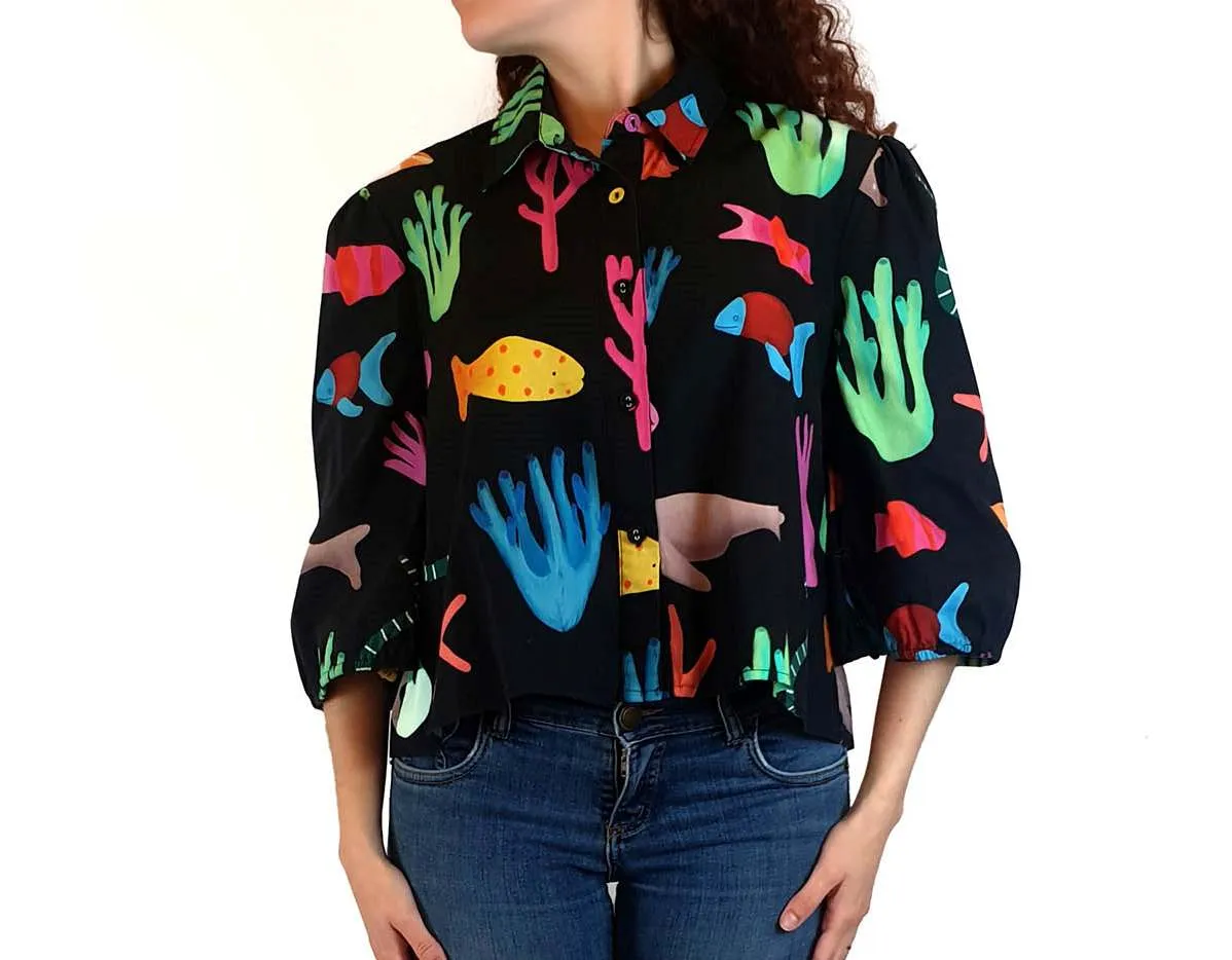 Jericho Road black oversized shirt with colourful sea creature print size 10