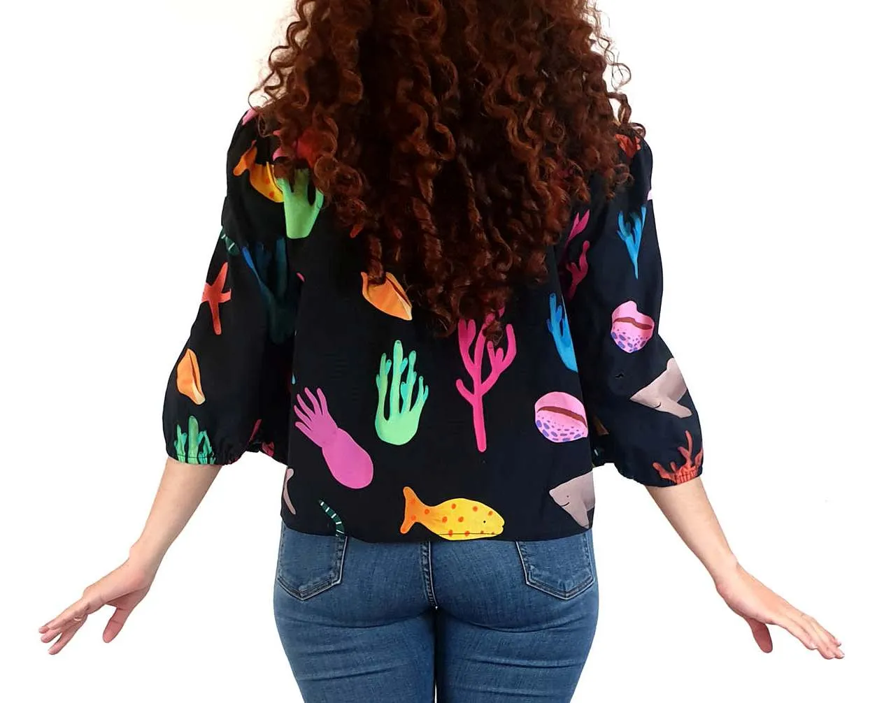 Jericho Road black oversized shirt with colourful sea creature print size 10