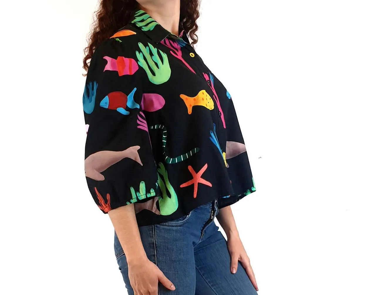 Jericho Road black oversized shirt with colourful sea creature print size 10