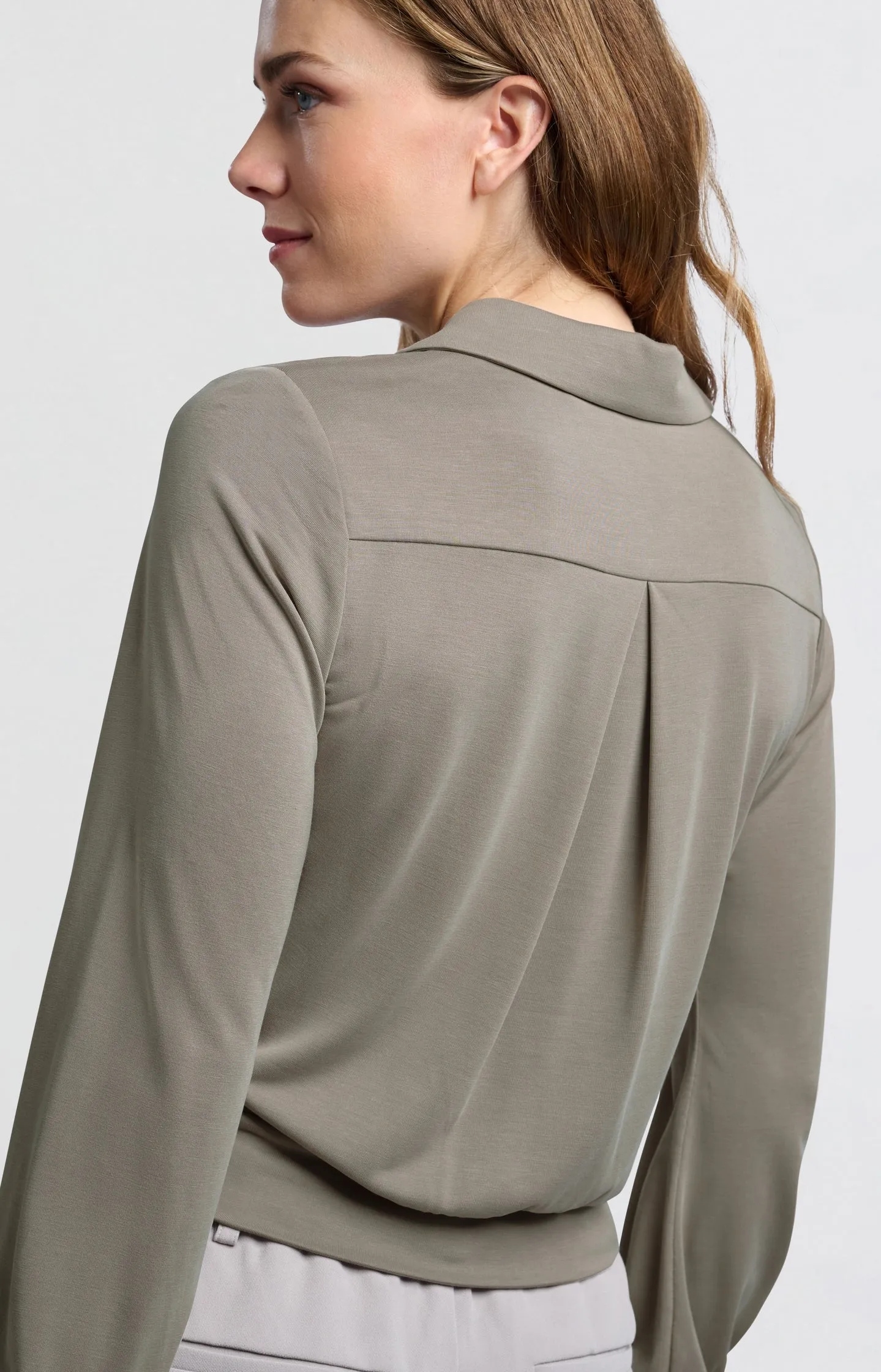 Jersey blouse top with balloon sleeves and button closure