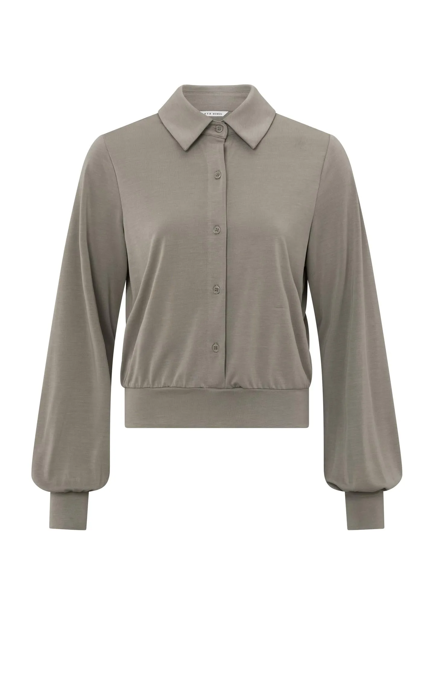 Jersey blouse top with balloon sleeves and button closure