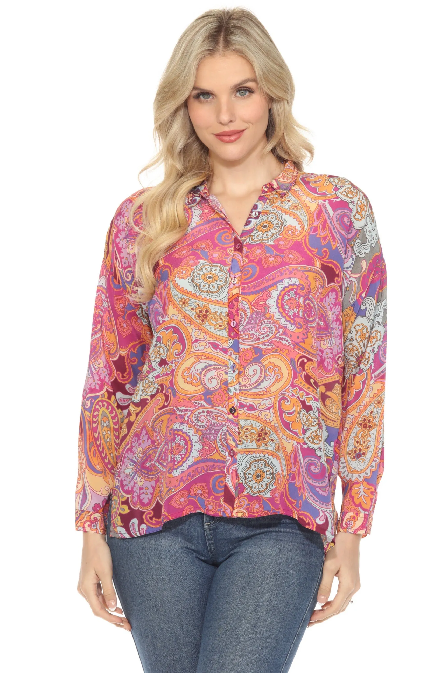 Johnny Was Pink Audrey Oversized Paisley Silk Blouse C17624B