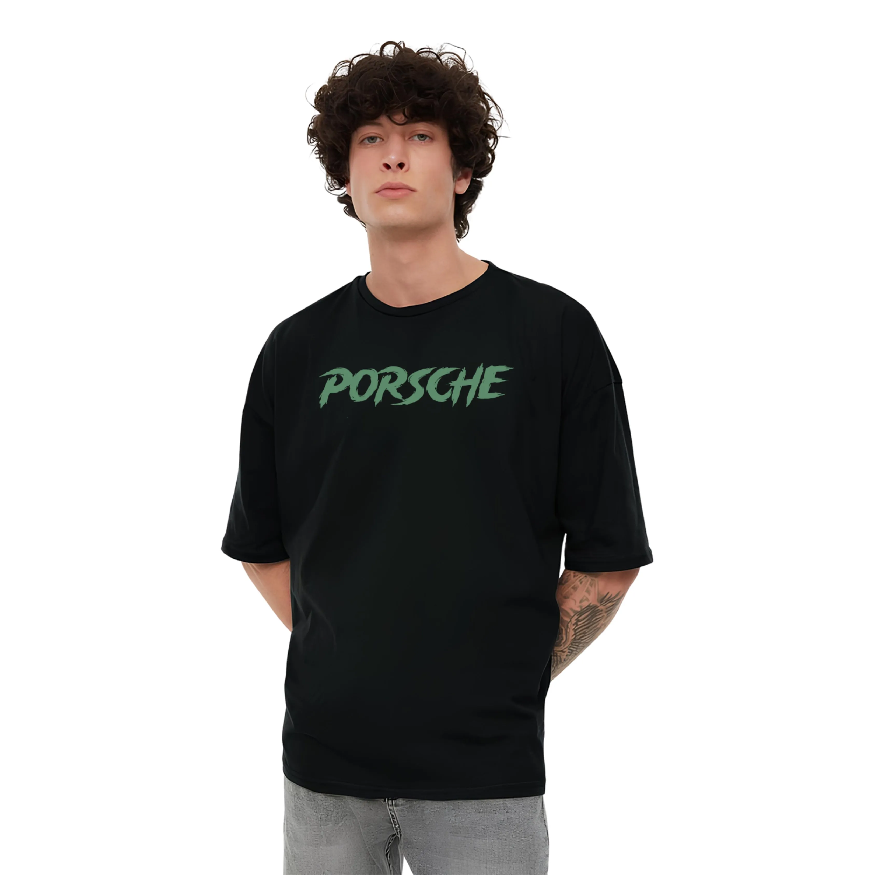 KART BLACK Men's & Women's Oversized Green Porsche Printed T-Shirts