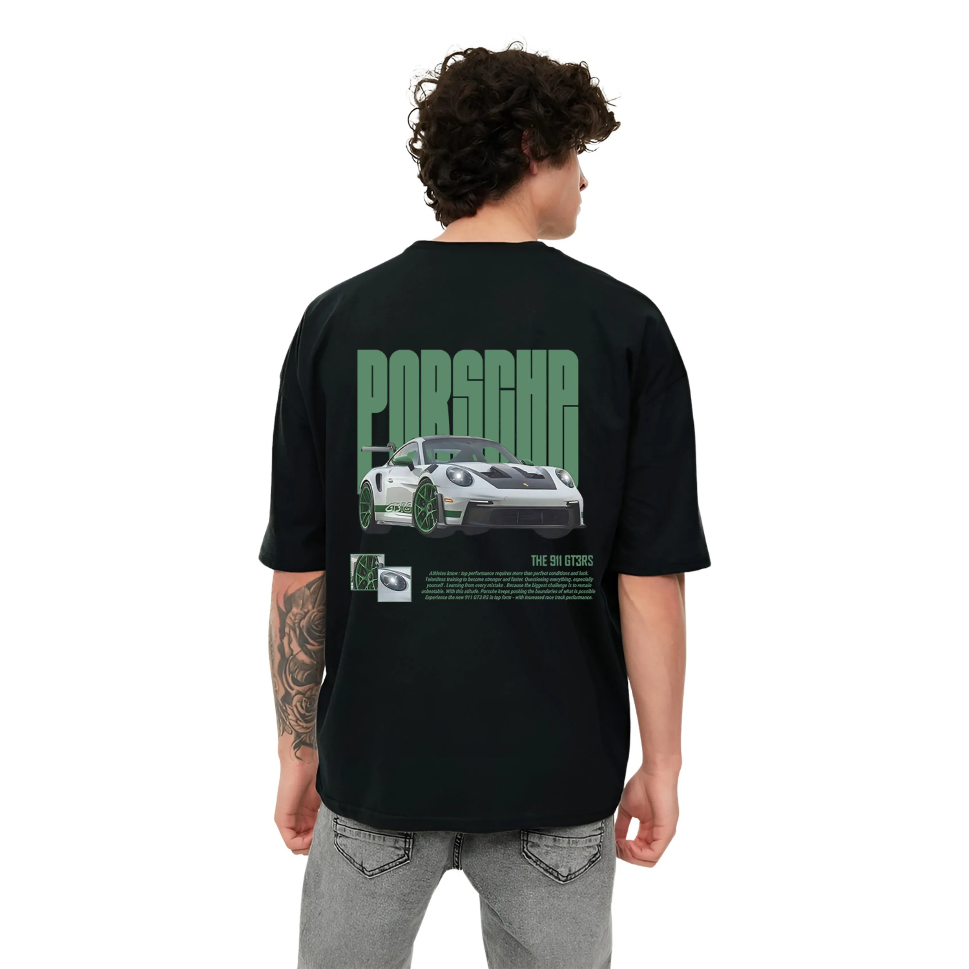 KART BLACK Men's & Women's Oversized Green Porsche Printed T-Shirts