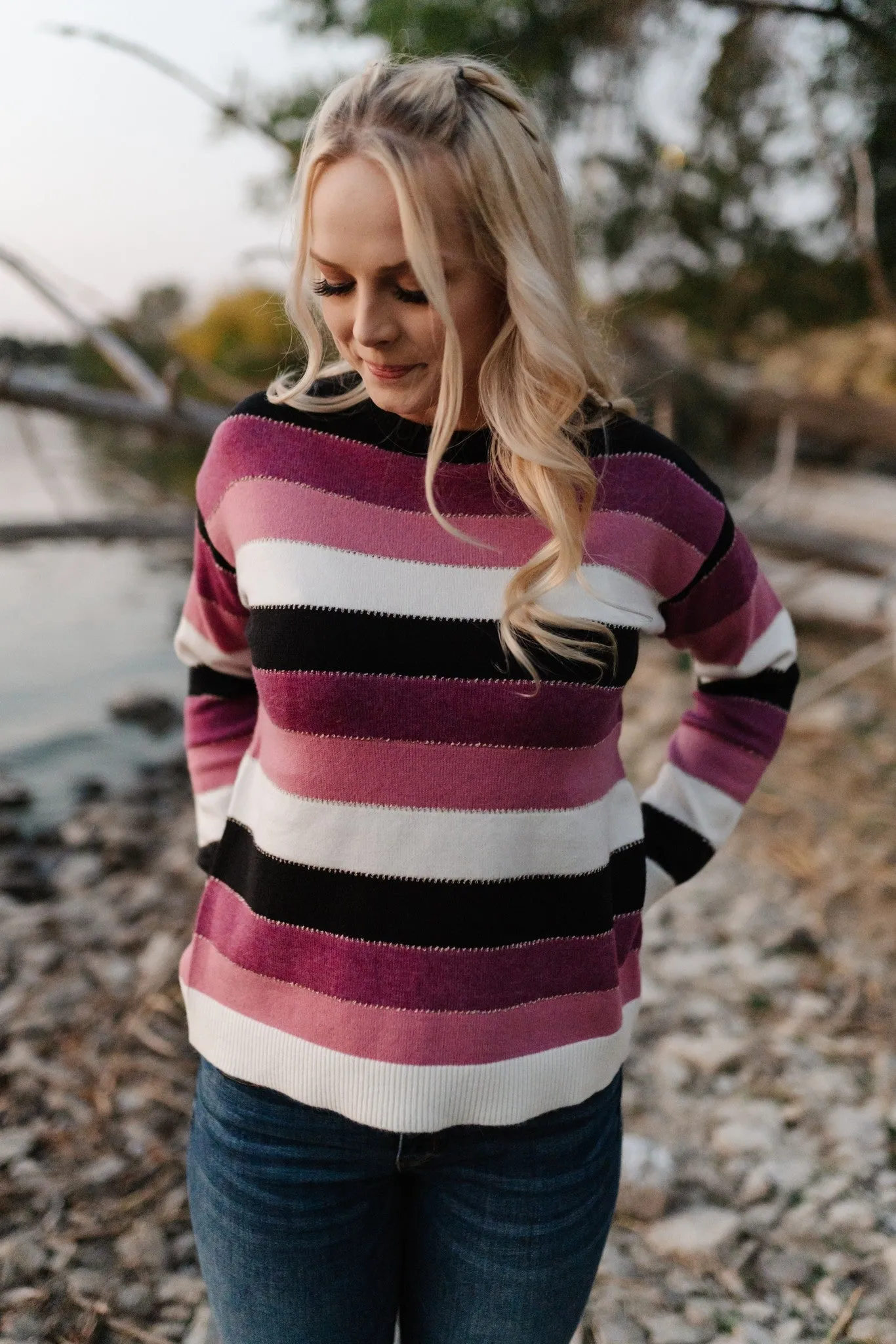 Keep Me In Mind Color Block Sweater In Plum Rose