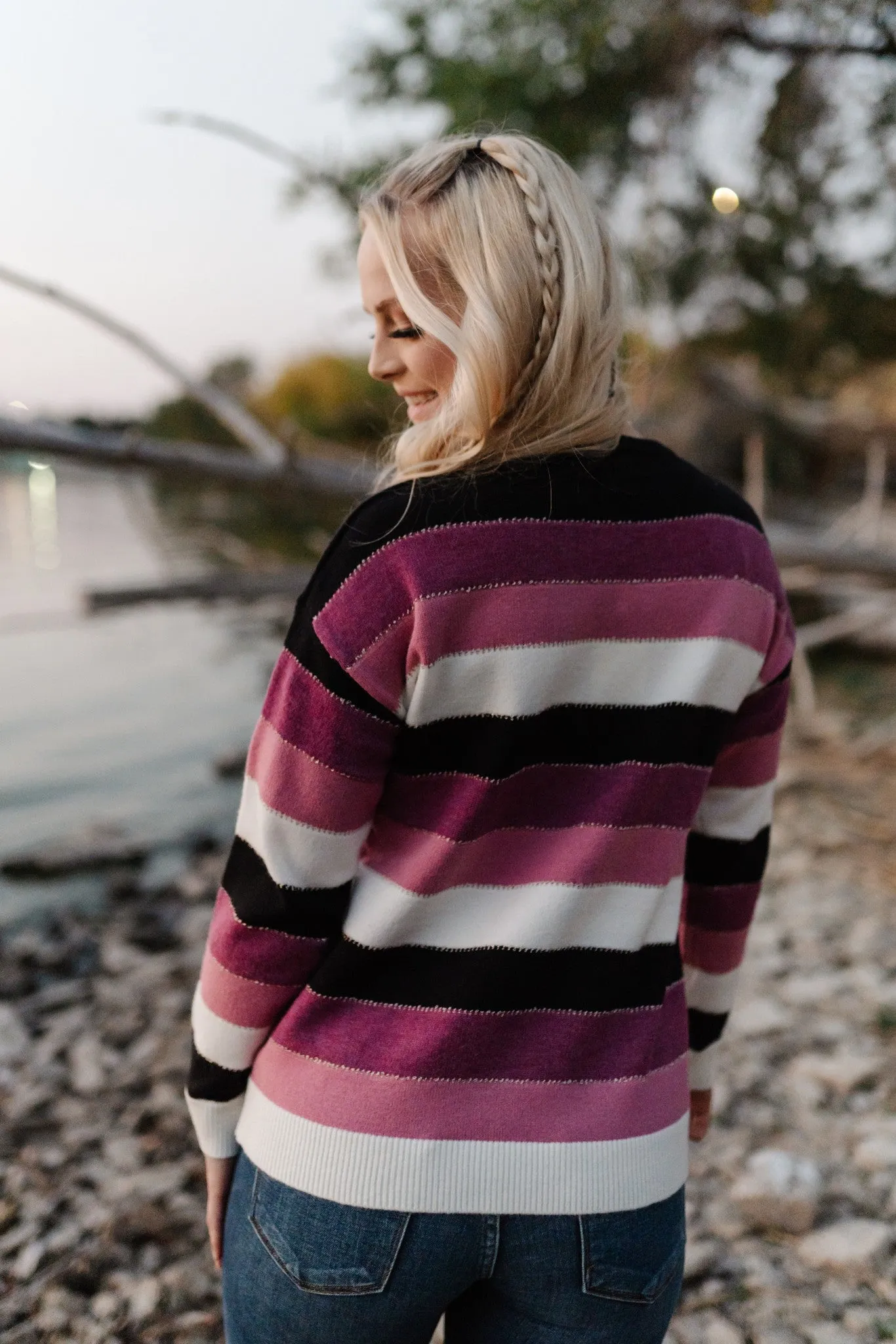 Keep Me In Mind Color Block Sweater In Plum Rose