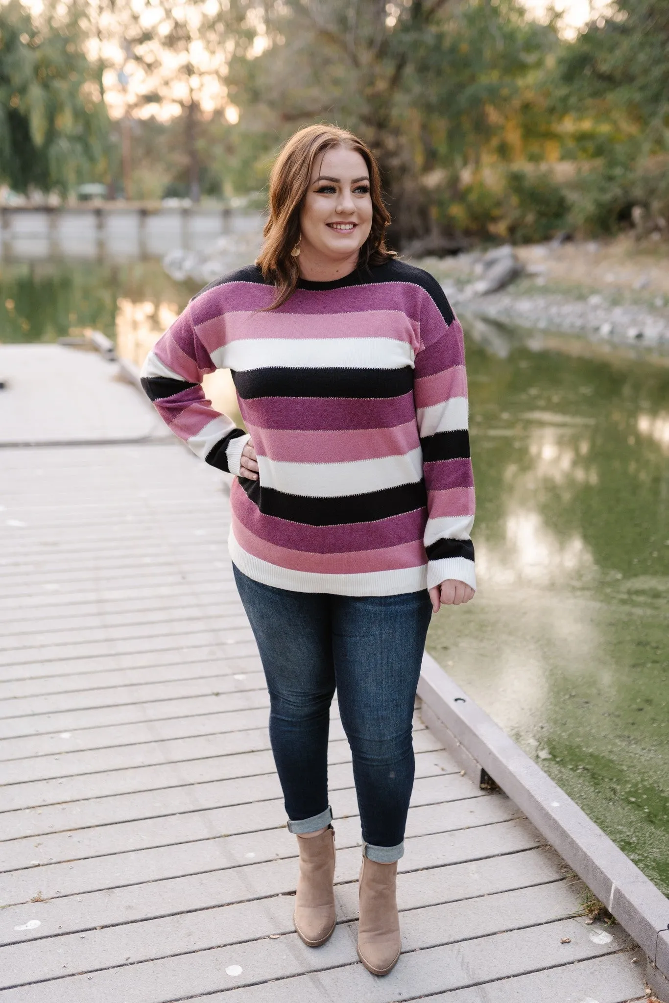 Keep Me In Mind Color Block Sweater In Plum Rose