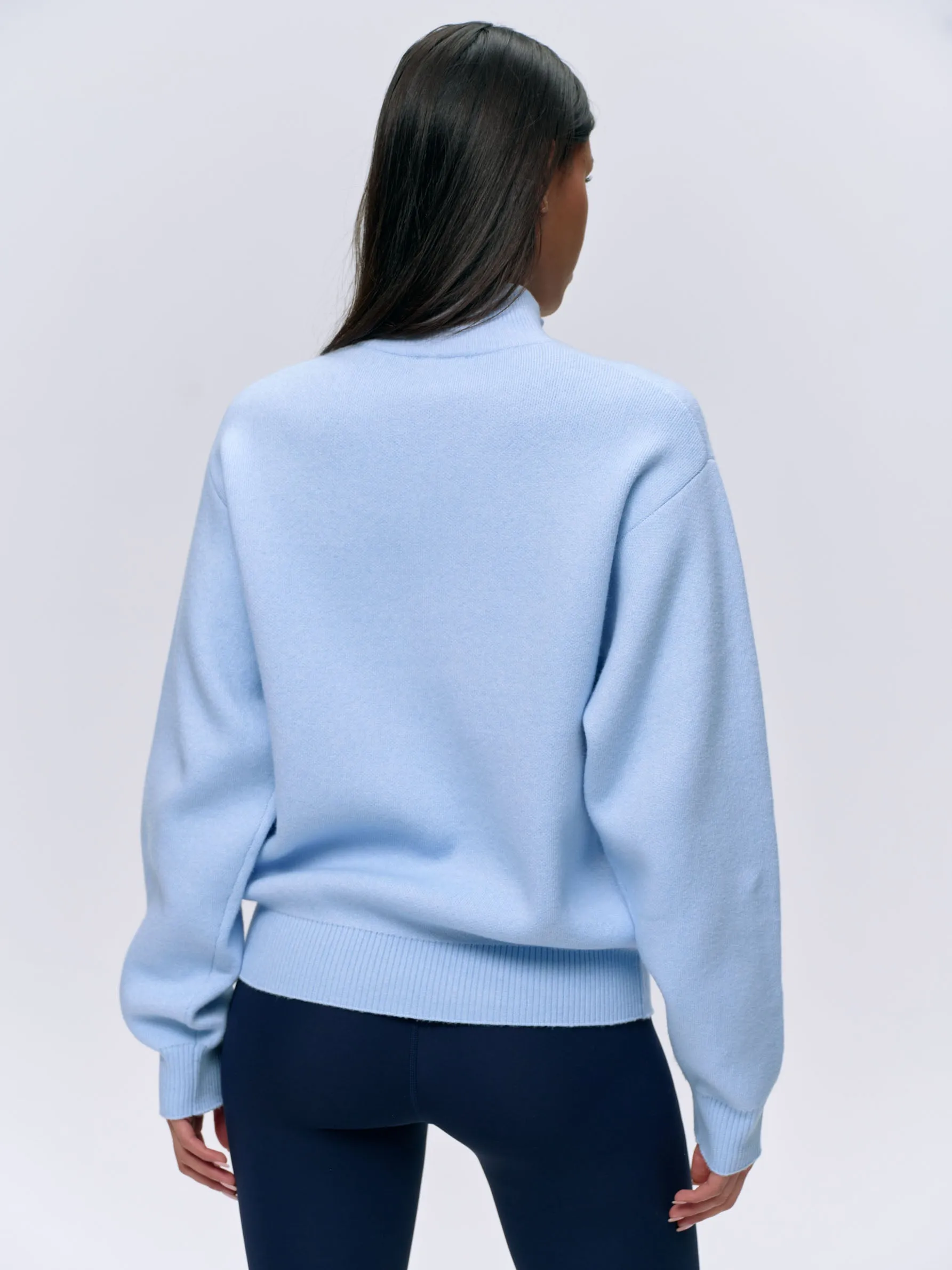Knit Oversized Funnel Neck Zip Sweatshirt - Powder Blue