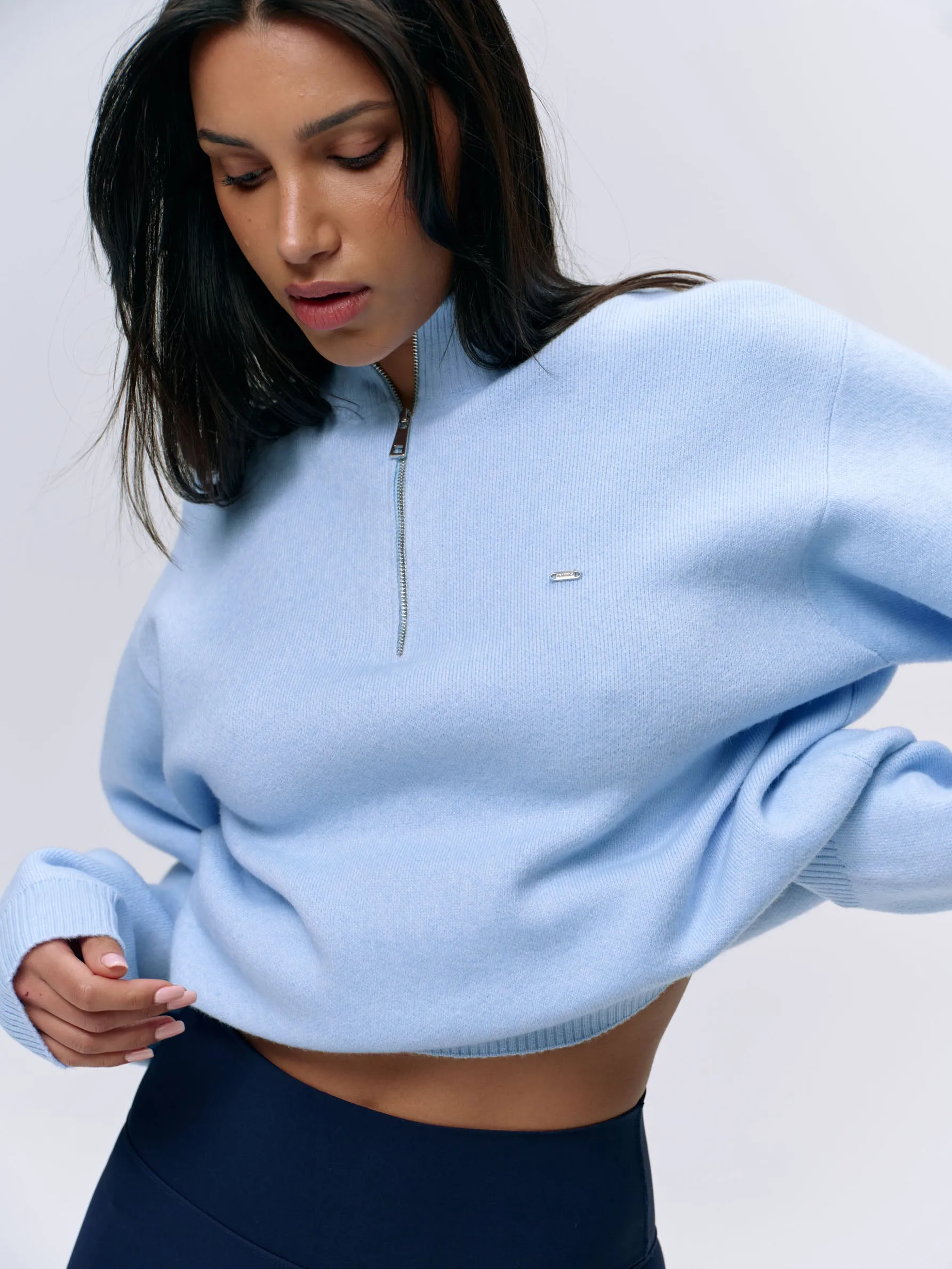 Knit Oversized Funnel Neck Zip Sweatshirt - Powder Blue