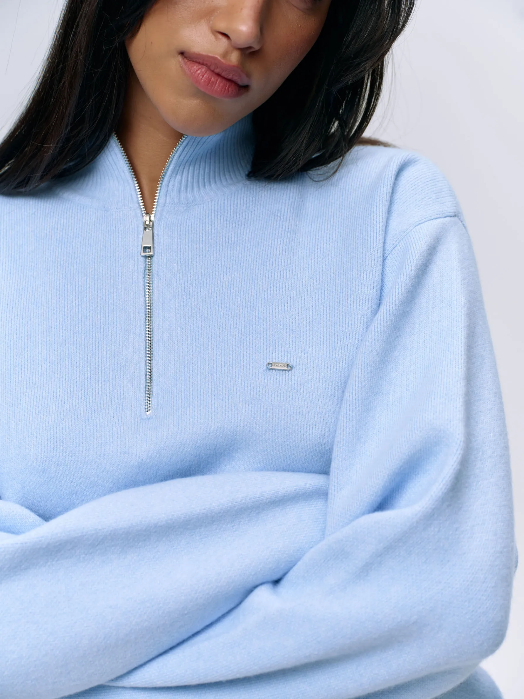 Knit Oversized Funnel Neck Zip Sweatshirt - Powder Blue