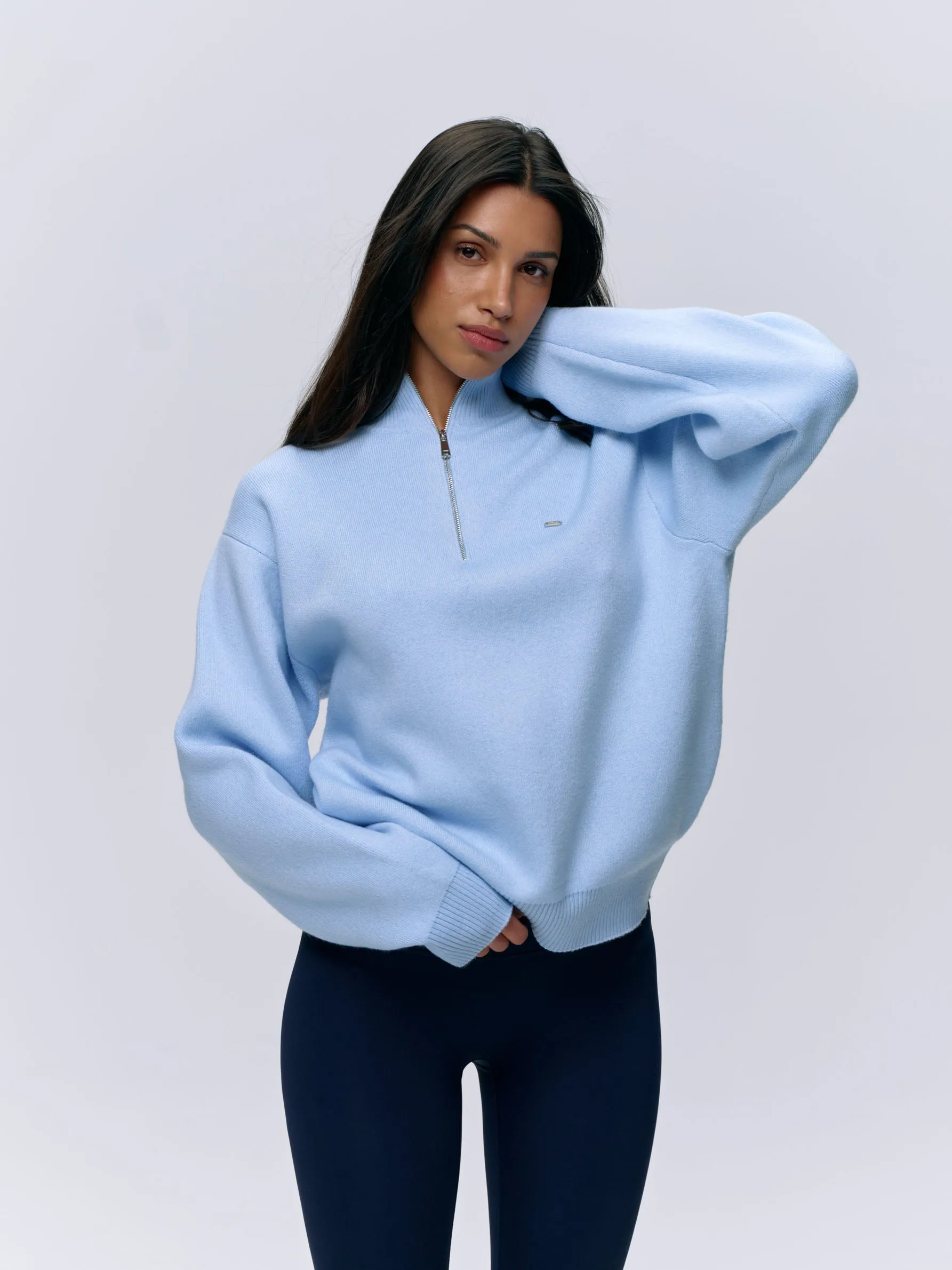 Knit Oversized Funnel Neck Zip Sweatshirt - Powder Blue