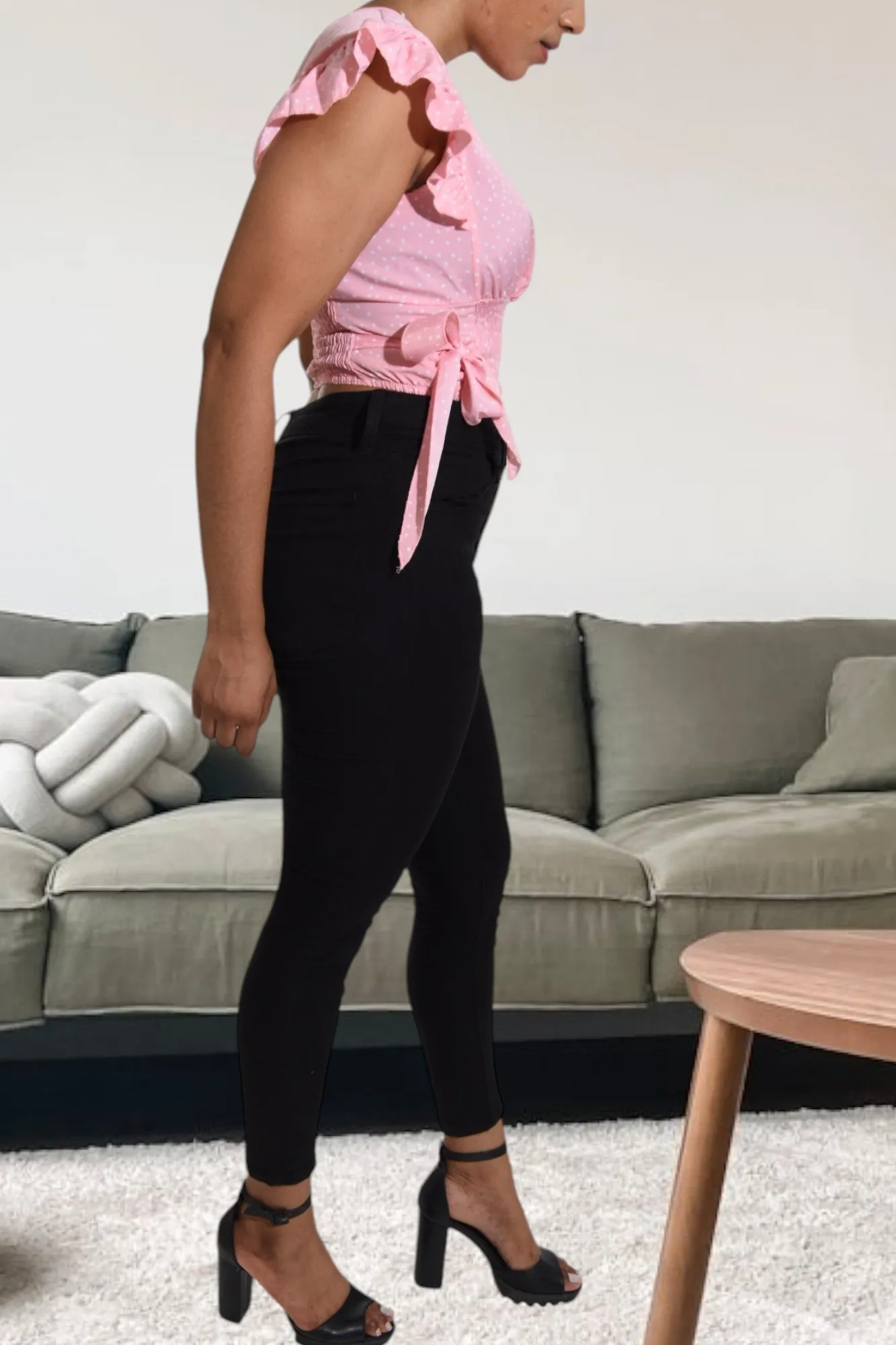 Ladies Shirred V Neck Light Pink Top