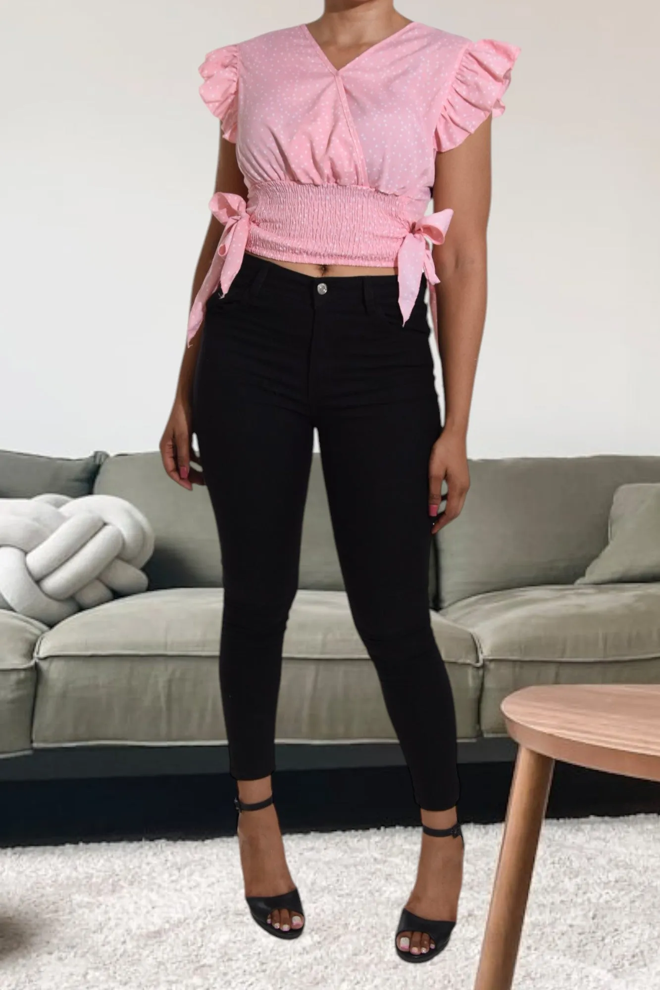 Ladies Shirred V Neck Light Pink Top