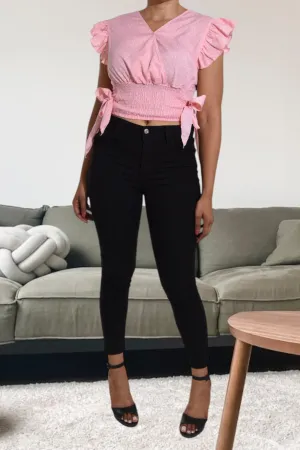 Ladies Shirred V Neck Light Pink Top