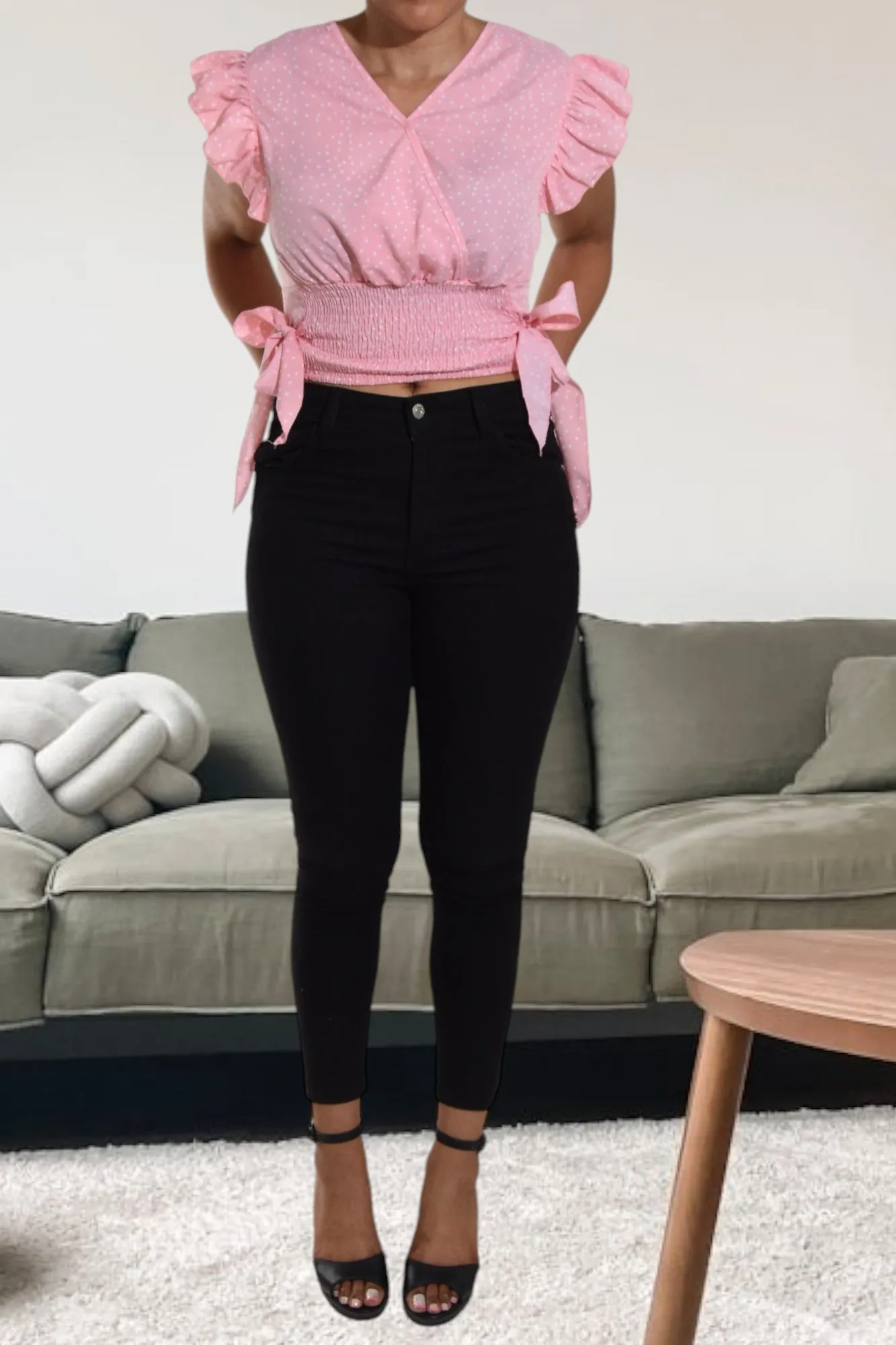 Ladies Shirred V Neck Light Pink Top