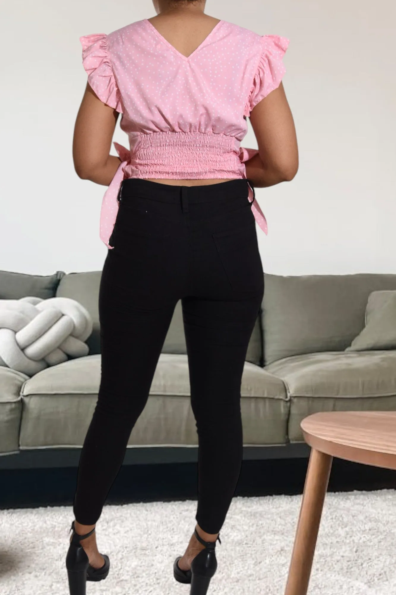 Ladies Shirred V Neck Light Pink Top