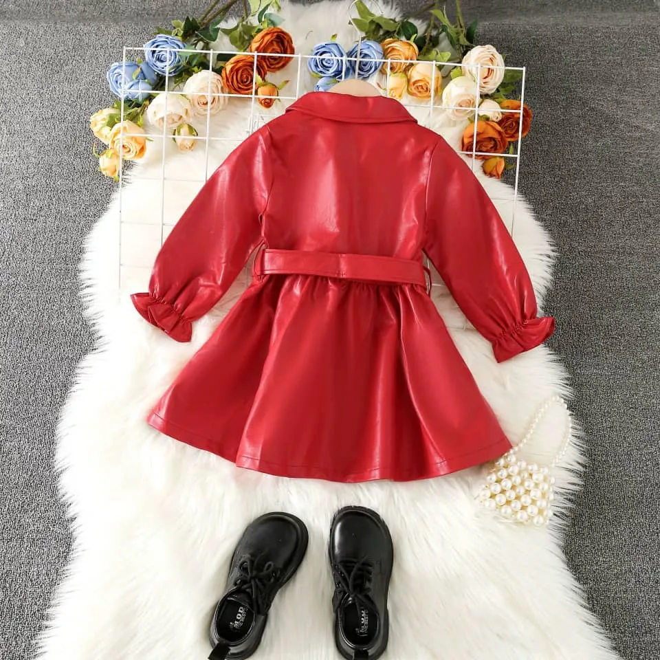 Lapel Collar Leather Longsleeve Dress with Belt