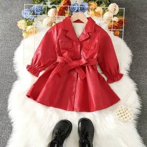 Lapel Collar Leather Longsleeve Dress with Belt