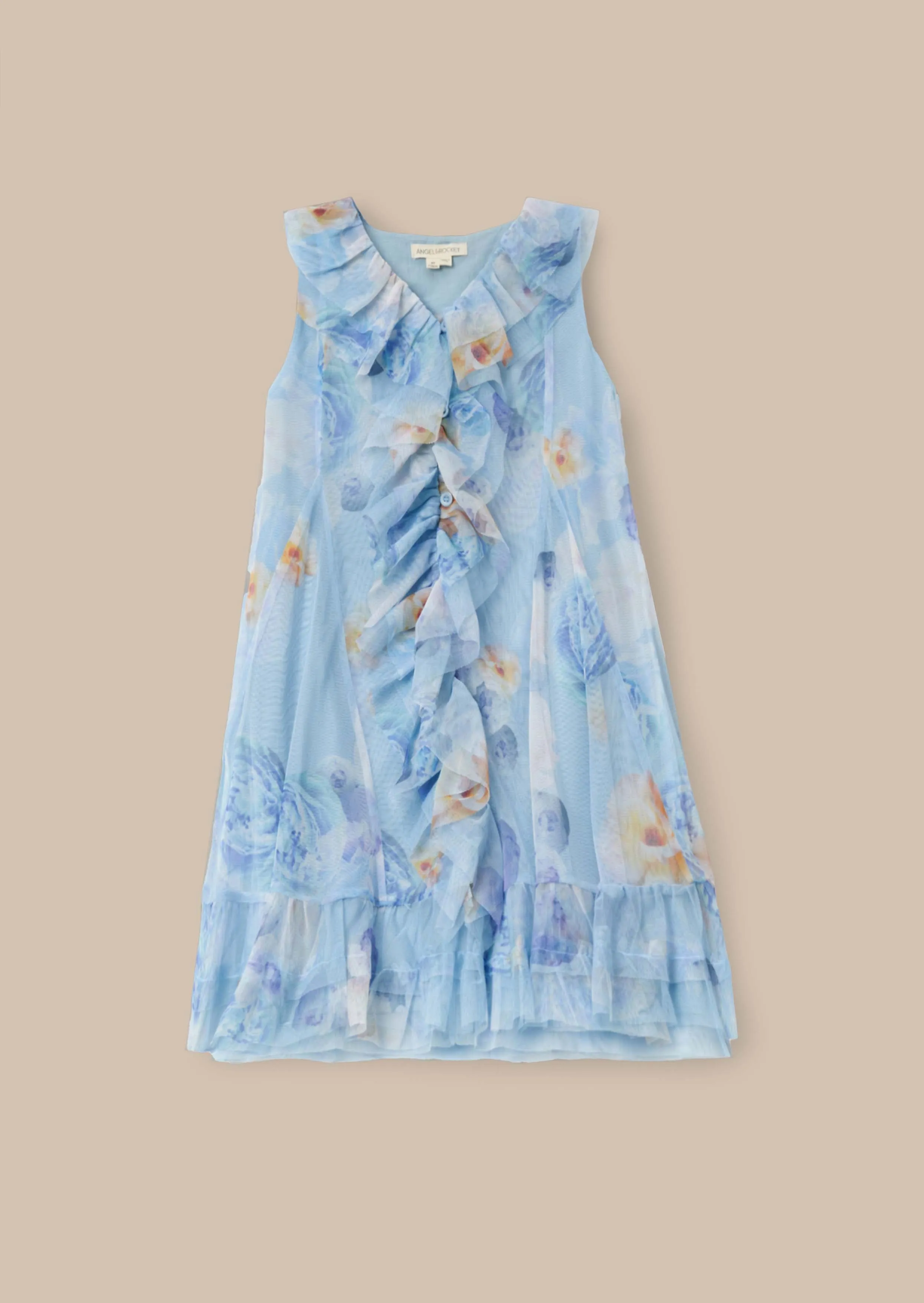 Lia Blue Printed Frill Mesh Dress