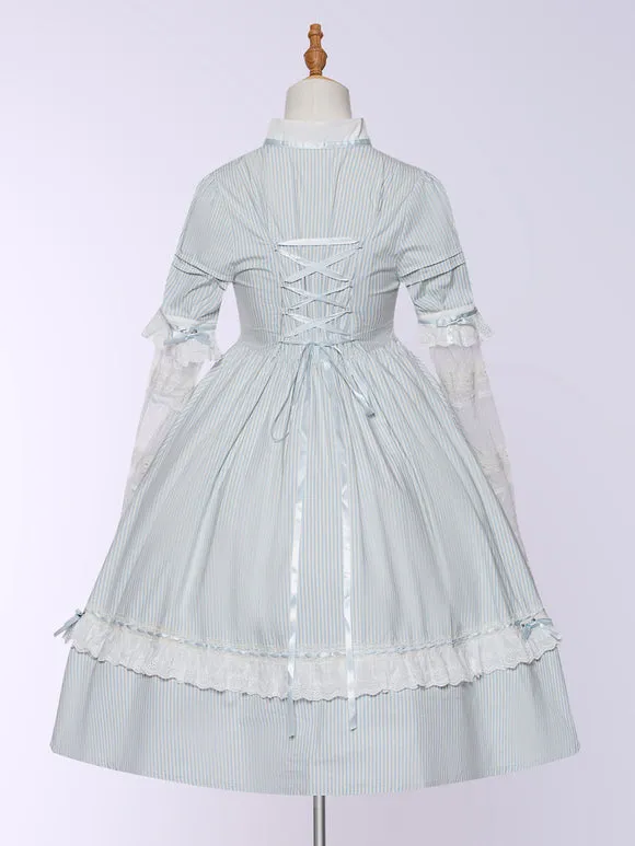 Light Blue Stripe Vintage Lolita Dress Detachable Sleeves Elegant Lolita Dress