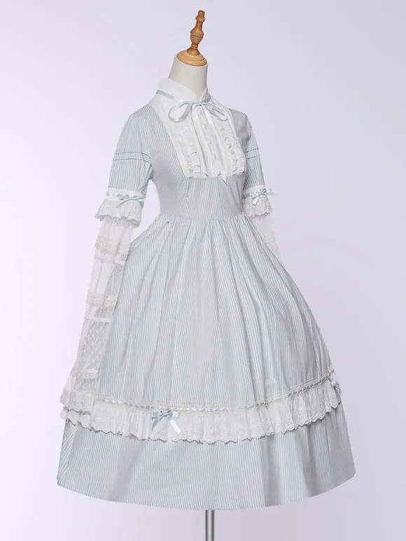 Light Blue Stripe Vintage Lolita Dress Detachable Sleeves Elegant Lolita Dress