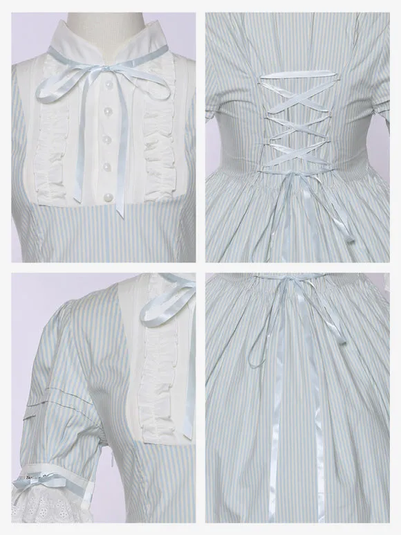 Light Blue Stripe Vintage Lolita Dress Detachable Sleeves Elegant Lolita Dress