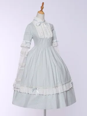 Light Blue Stripe Vintage Lolita Dress Detachable Sleeves Elegant Lolita Dress
