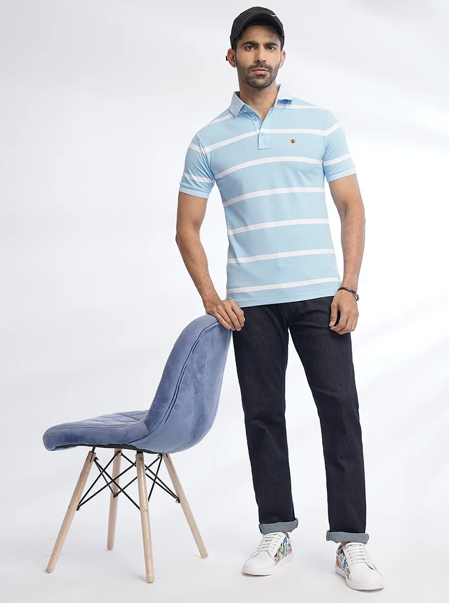 Light Blue Striped Slim Fit Polo T-Shirt | JadeBlue
