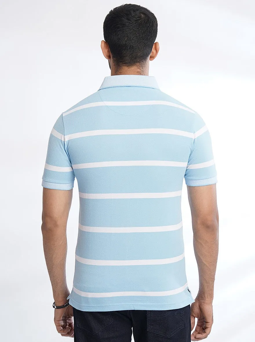 Light Blue Striped Slim Fit Polo T-Shirt | JadeBlue