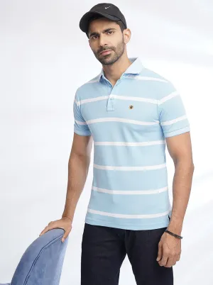 Light Blue Striped Slim Fit Polo T-Shirt | JadeBlue
