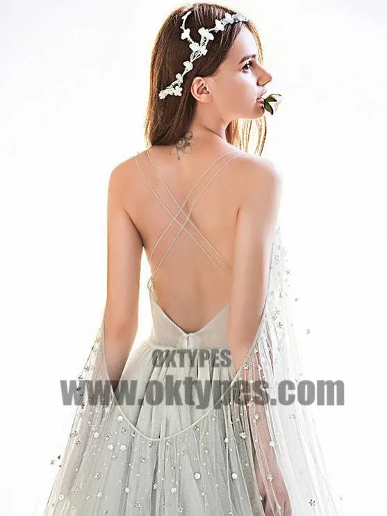 Light Gray Prom Dresses With Trailing, V-neck Prom Dresses, Beading Prom Dresses, Appliques Prom Dresses, TYP0083