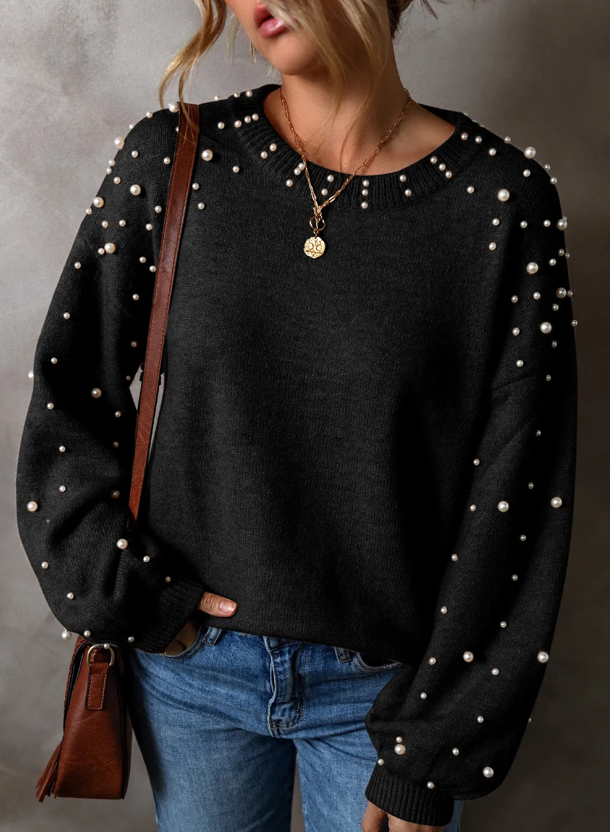 Light Grey Pearled Drop Shoulder Round Neck Sweater
