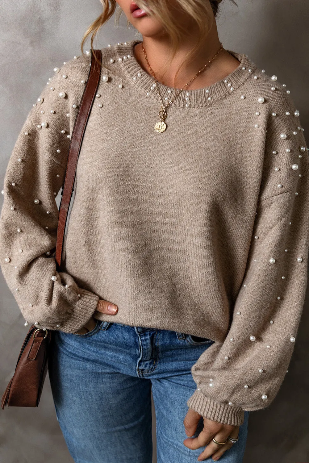 Light Grey Pearled Drop Shoulder Round Neck Sweater