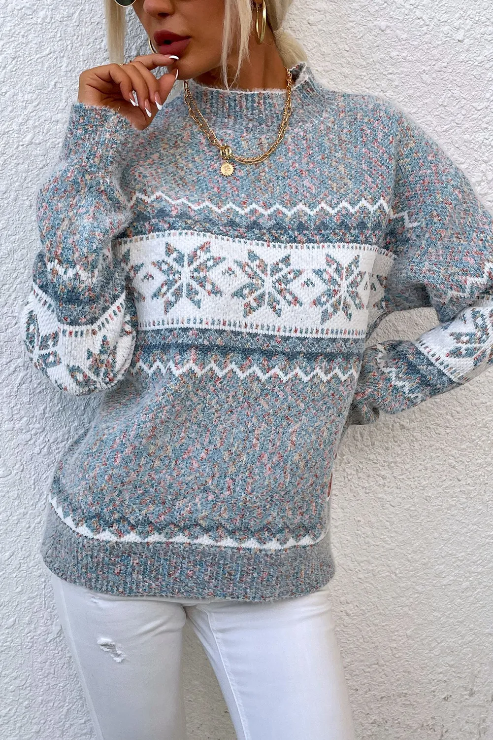 Light Pink Retro Snowflake Pattern Mock Neck Fuzzy Sweater